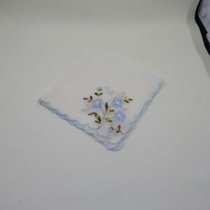 Embroidered Blue Cornflower Hanky Handkerchief White Scallop Edge